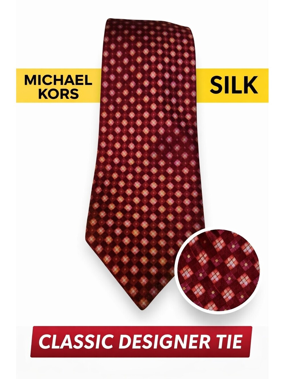 Michael Kors Silk Tie Red Geometric Pattern Designer Necktie Classic Mens EUC